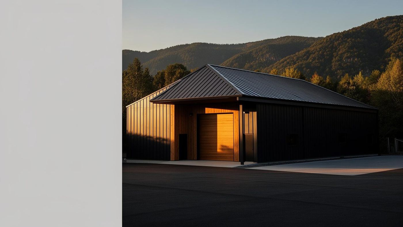 Large modern workshop shed at golden hour