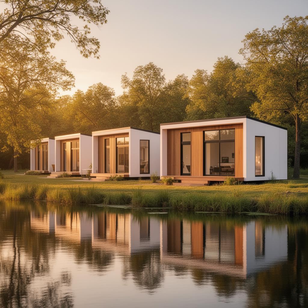 Modern prefab ADU units by a lake at sunset